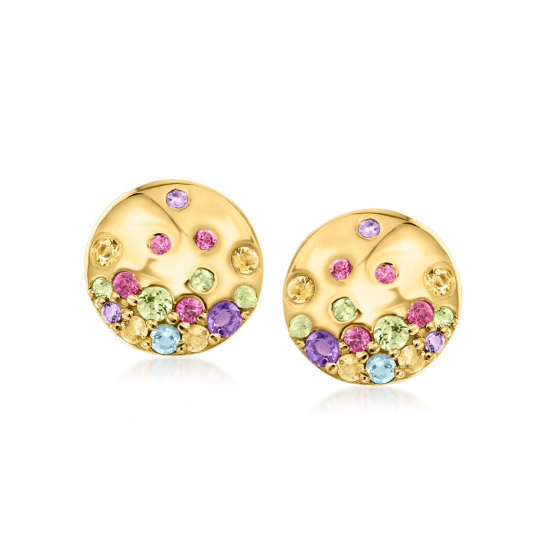 Gold disc stud earrings with multicolor gemstones and post backs