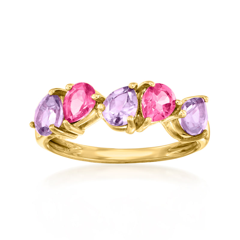 18kt gold over sterling five-stone ring with pink and purple gemstones