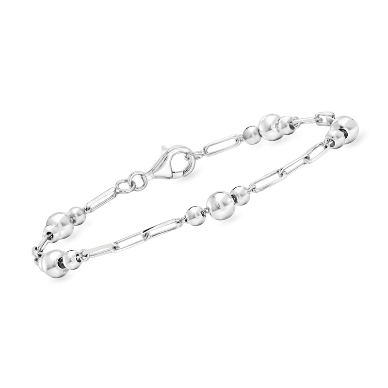 Sterling silver bead and paper clip link bracelet with round ball accents