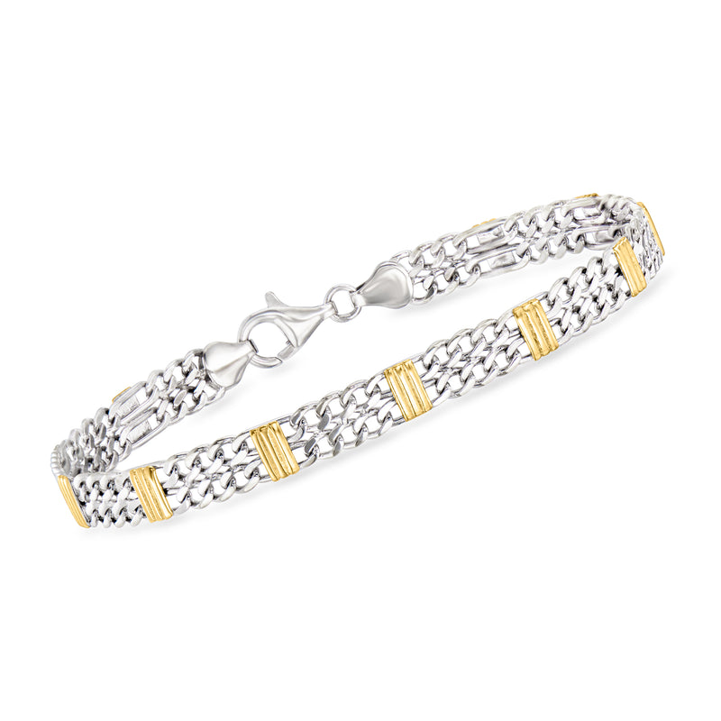 Sterling silver Figaro-chain bracelet with gold-tone center links and clasp