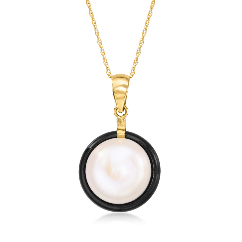 14kt yellow gold onyx and cultured pearl pendant necklace with round pearl center