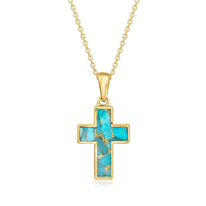Gold cross pendant necklace with turquoise stone inlaid on a fine chain