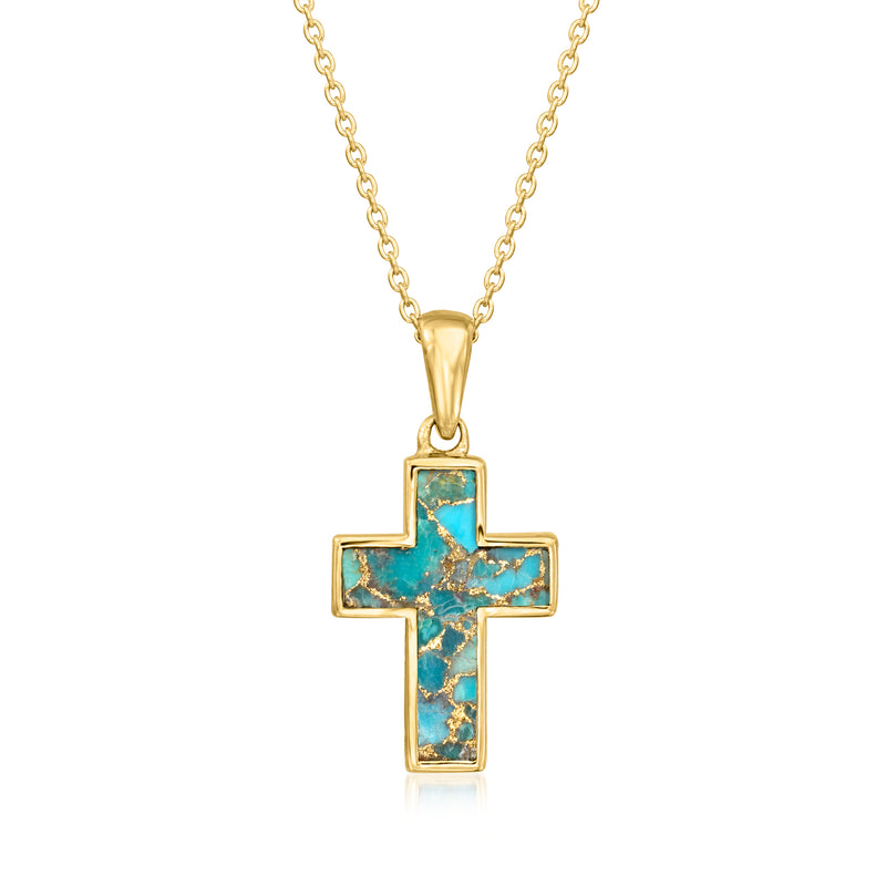 Turquoise cross pendant necklace with gold bezel settings on a fine chain