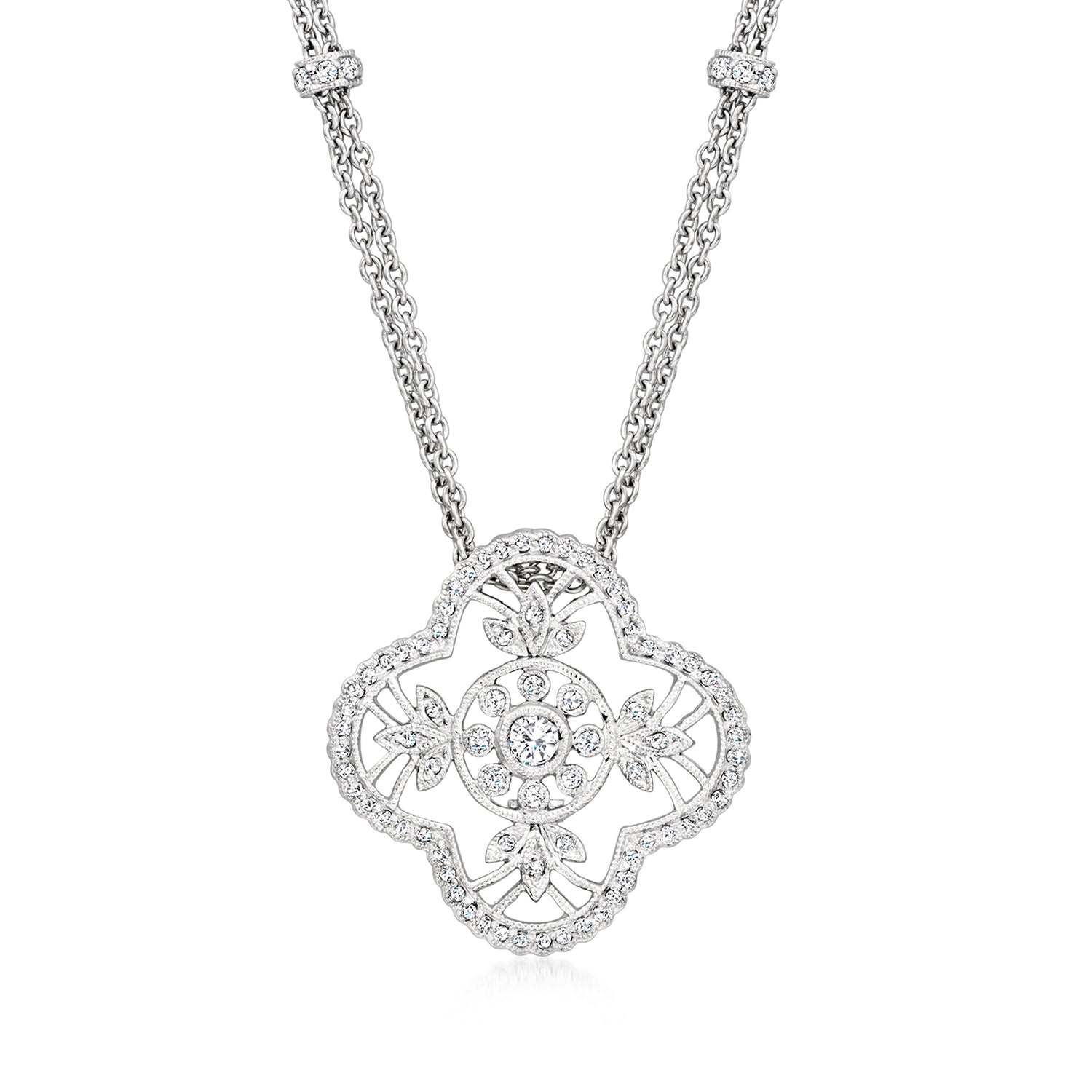 C. 1990 Vintage .85 ct. t.w. Diamond Floral Openwork Necklace in 18kt White Gold