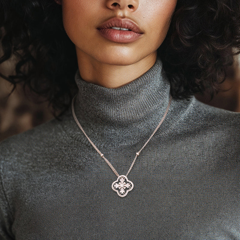 White gold diamond pendant necklace with floral motif on a fine chain