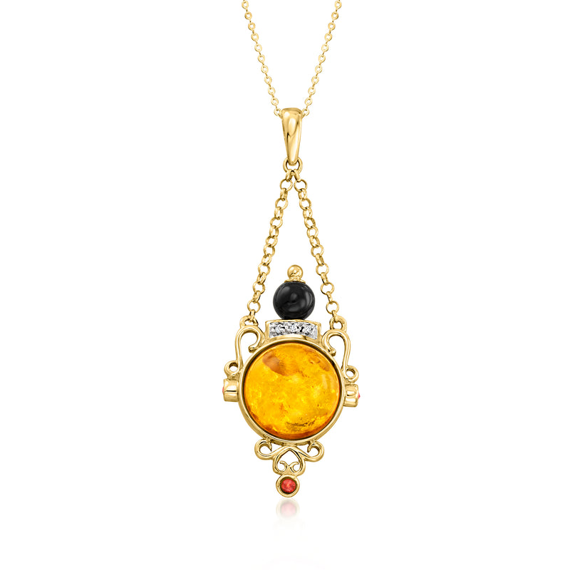 Vintage 10kt yellow gold pendant necklace with round amber, onyx, garnet, diamond accents