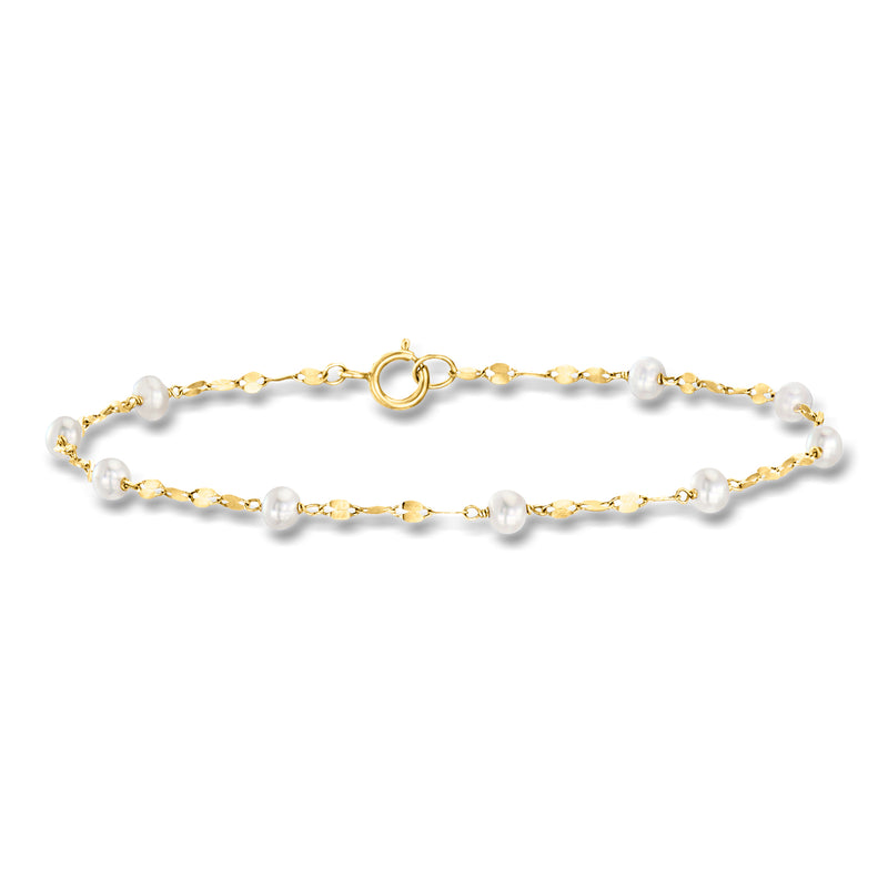 14kt yellow gold station chain bracelet with white cultured pearls, round clasp ring