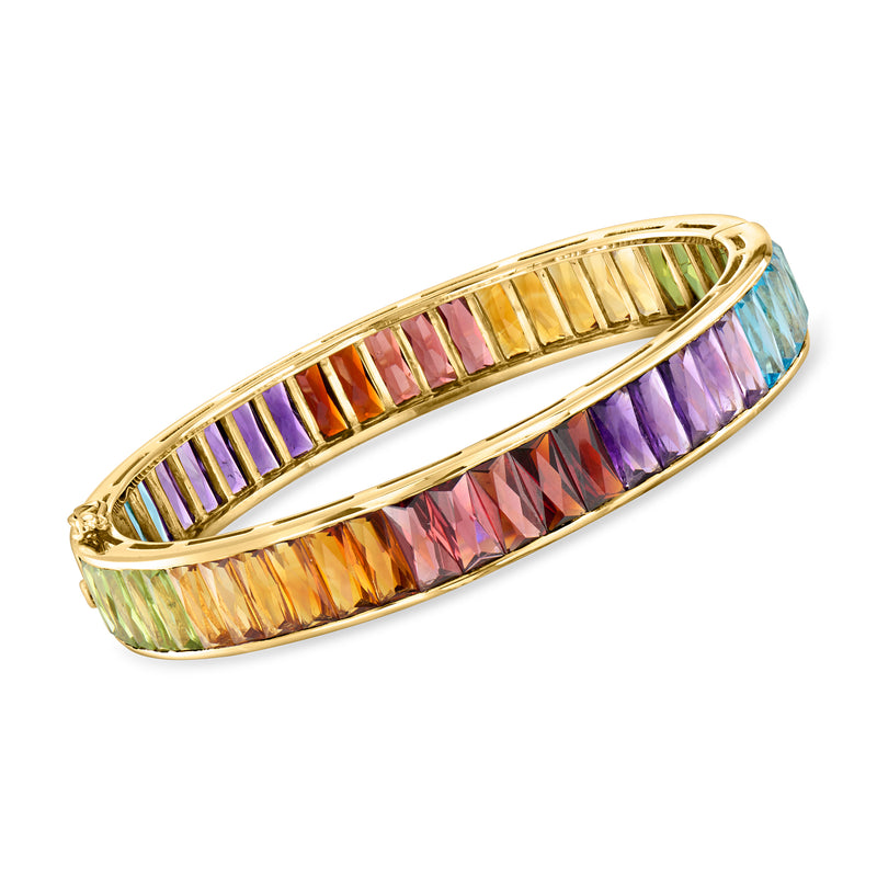 14kt yellow gold vintage bangle bracelet with multicolor baguette gemstones
