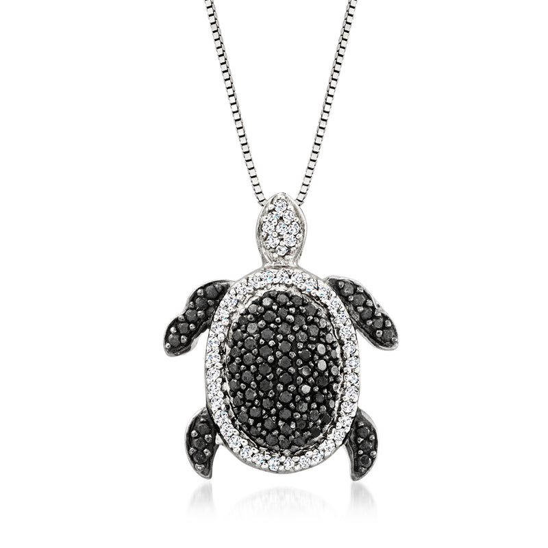 10kt white gold diamond turtle pendant necklace with black-and-white stones