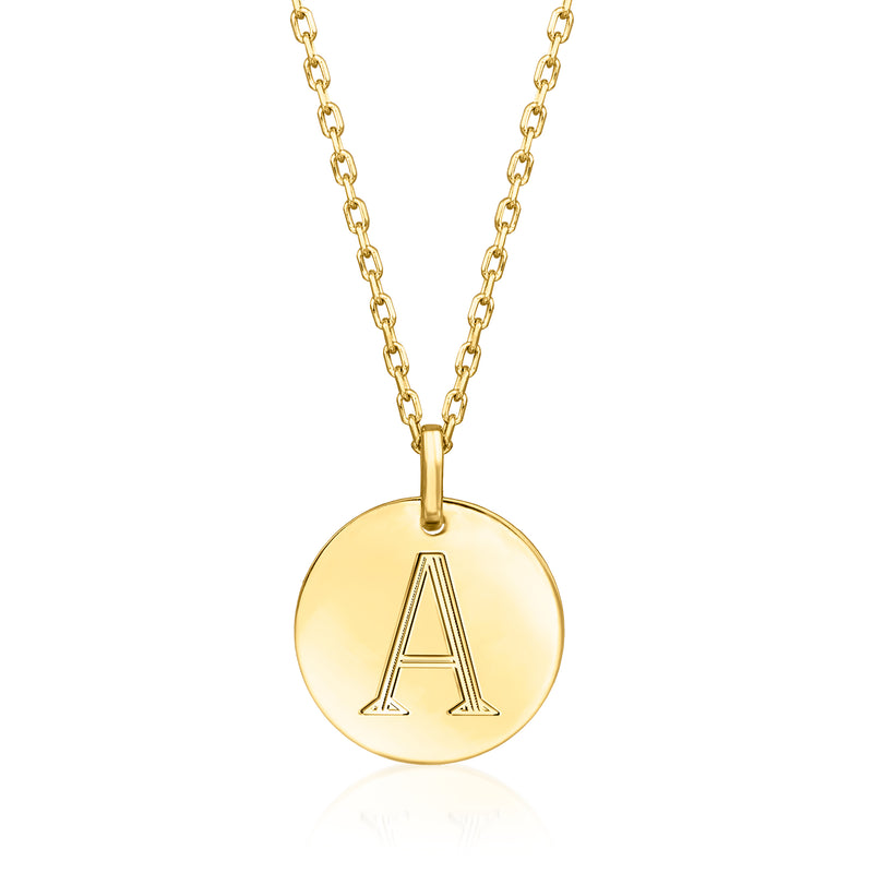 10k yellow gold personalized disc necklace with letter A pendant on chain