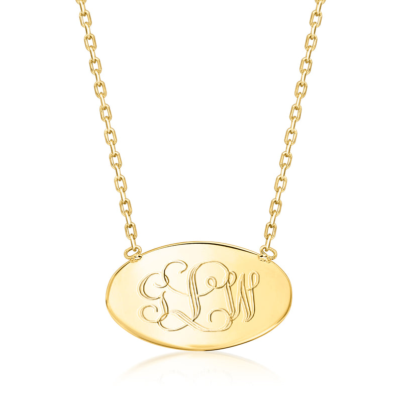 10kt yellow gold personalized oval disc necklace with engraved initials on oval pendant
