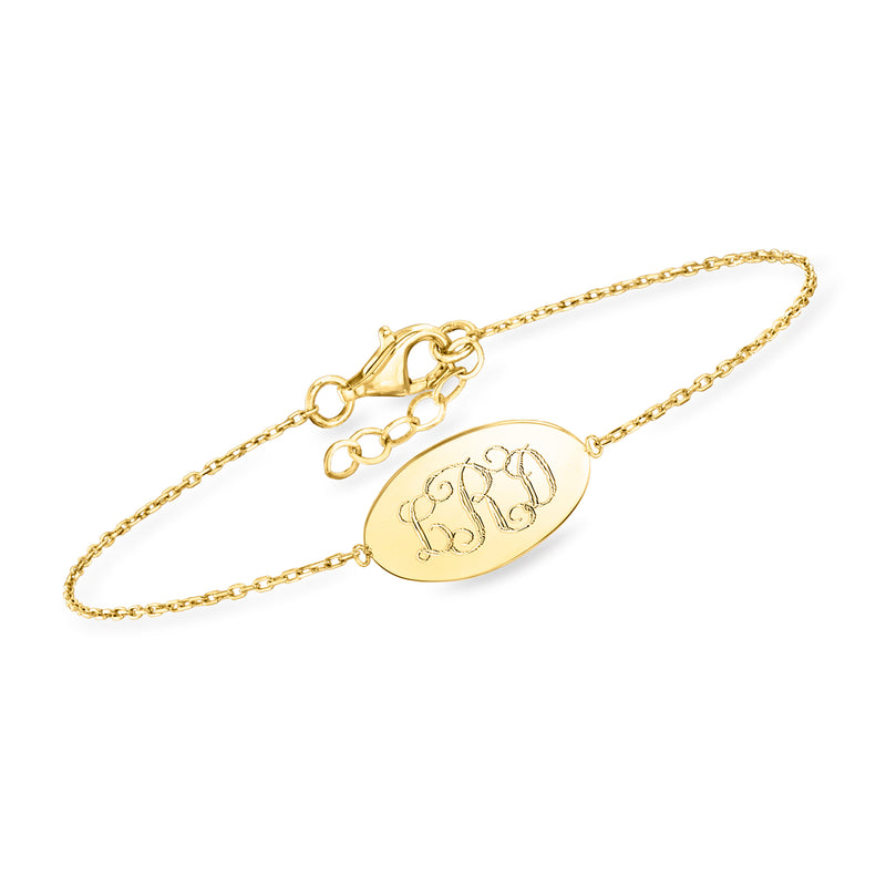 10kt yellow gold oval disc bracelet with engraved initial design and cable chain