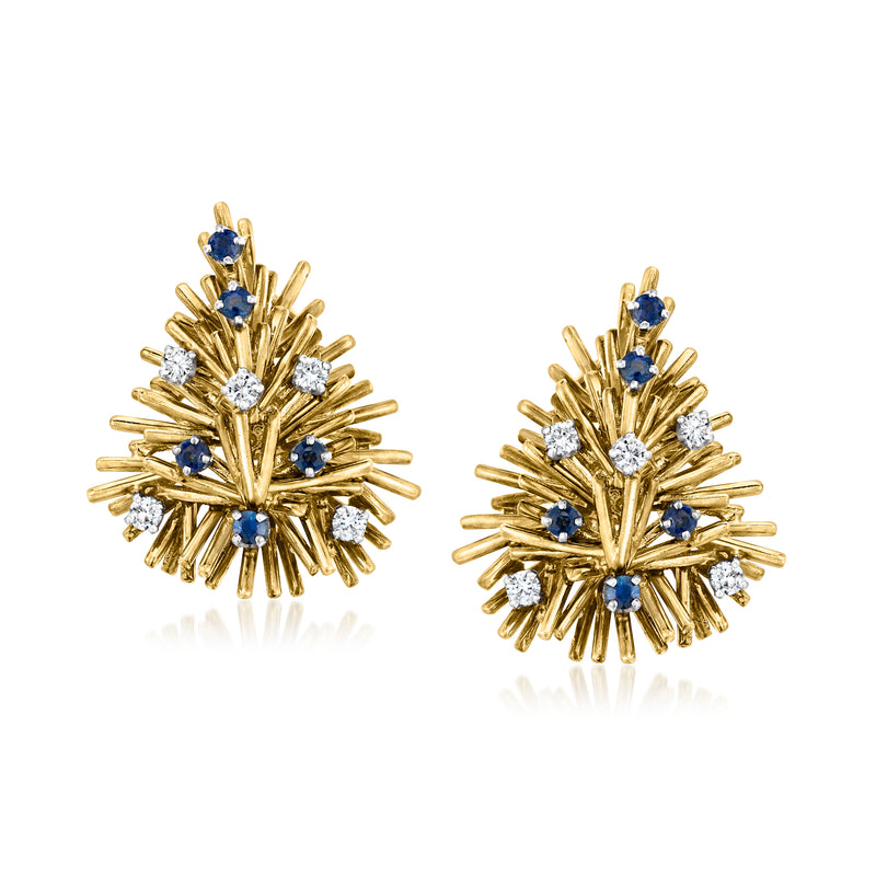14kt yellow gold burst earrings with blue sapphire and white diamond accents