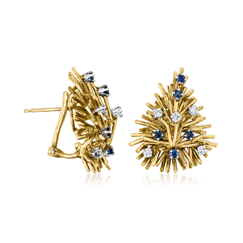 14kt yellow gold burst earrings, side view, blue sapphires with diamond clusters