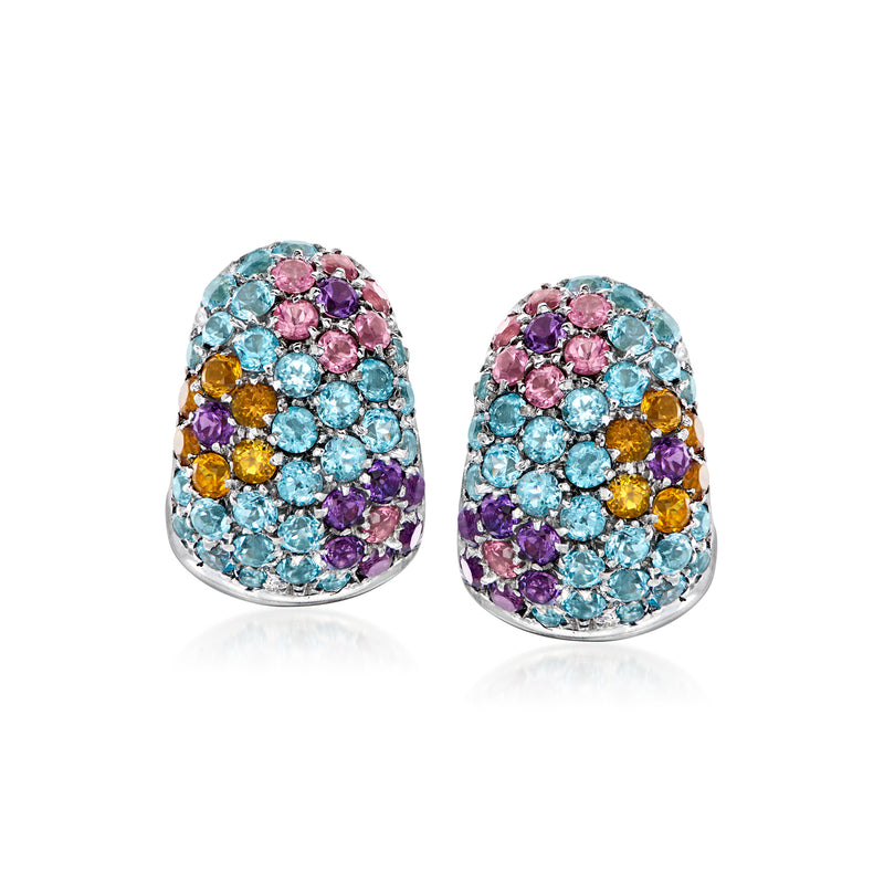 Multi-gemstone curved flower stud earrings in 18kt white gold, blue, pink, purple, yellow stones