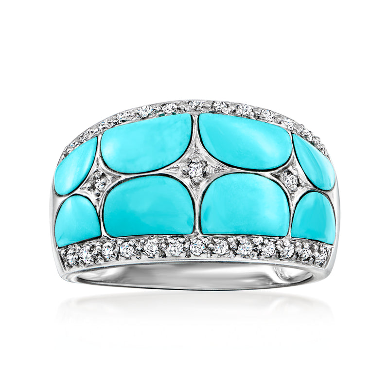 Vintage-style turquoise cabochon and diamond halo band ring in 18kt white gold