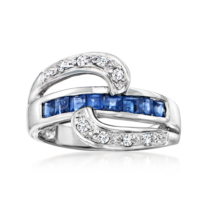 Vintage sapphire and diamond ring in 18kt white gold, blue baguette stones, round diamonds