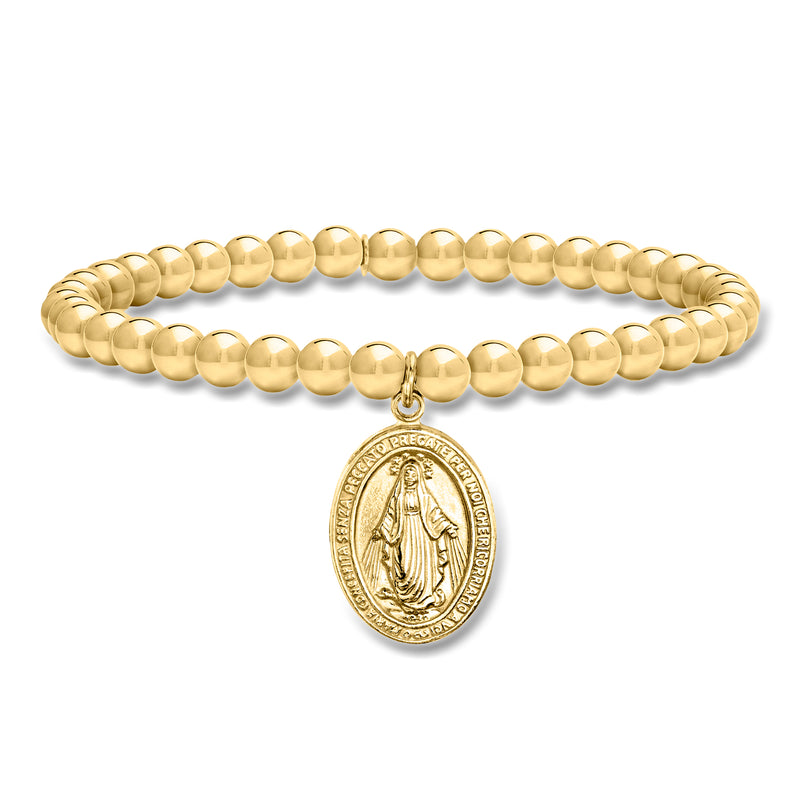 Gold bead stretch bracelet with oval Virgin Mary medal charm