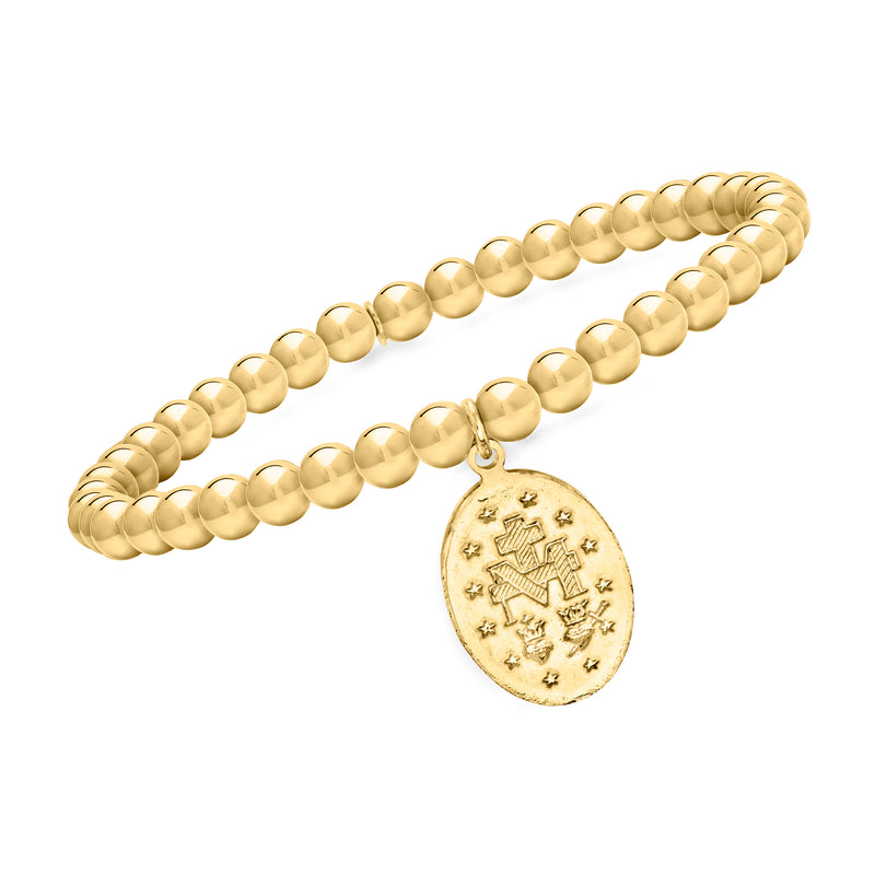 Gold bead stretch bracelet with oval Virgin Mary medal charm on beaded strand