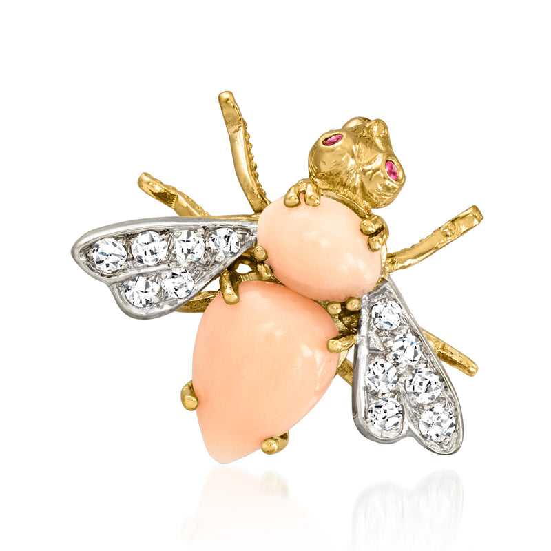 Vintage gold bumblebee pin with coral body, diamond wings, and ruby eyes
