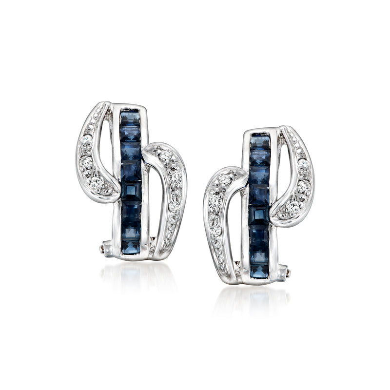 18k white gold hoop earrings with blue sapphire bar and diamond accents