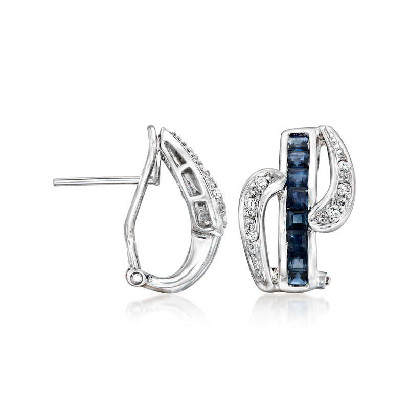 18k white gold hoop earrings with blue sapphire bar and diamond pave detail