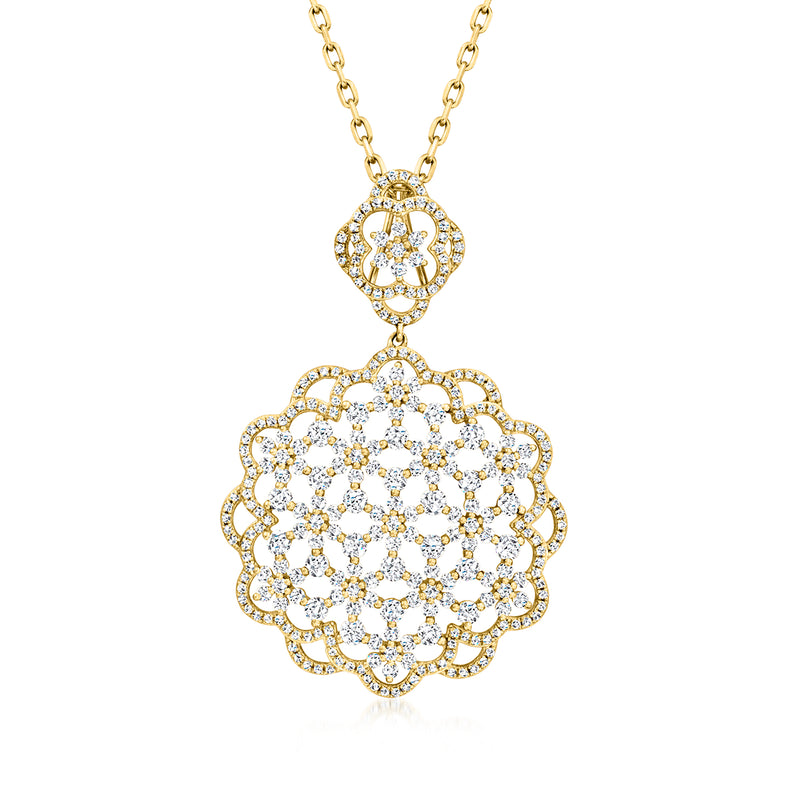 Yellow gold diamond floral openwork pendant necklace with white stones on chain