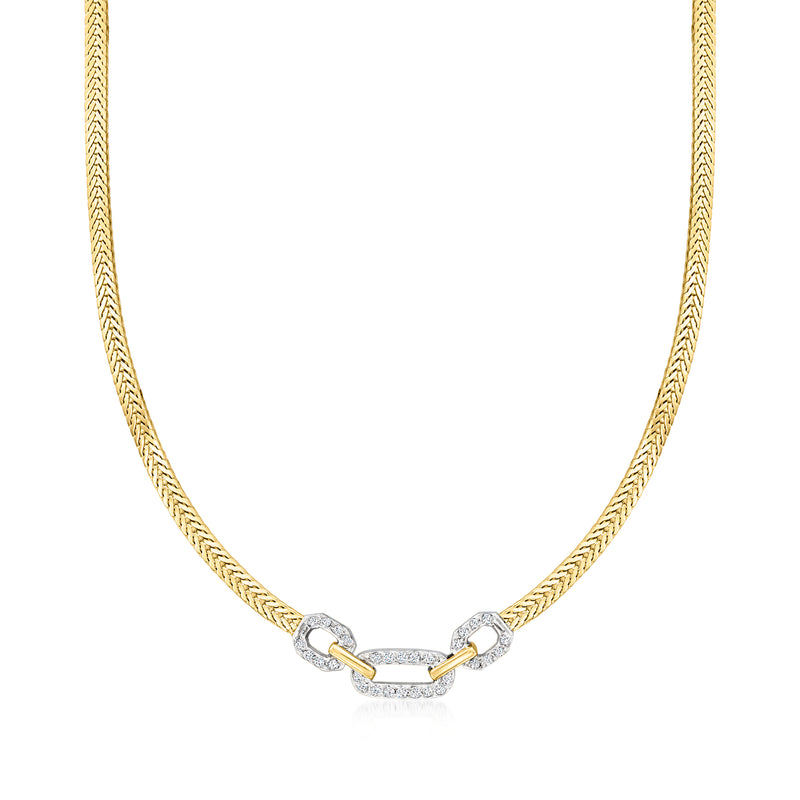 Two-tone 14kt gold diamond three-link necklace with oval center links, cable chain.