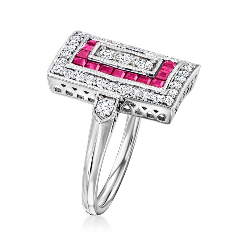 Platinum vintage ring with rectangular ruby center flanked by diamonds, split shank