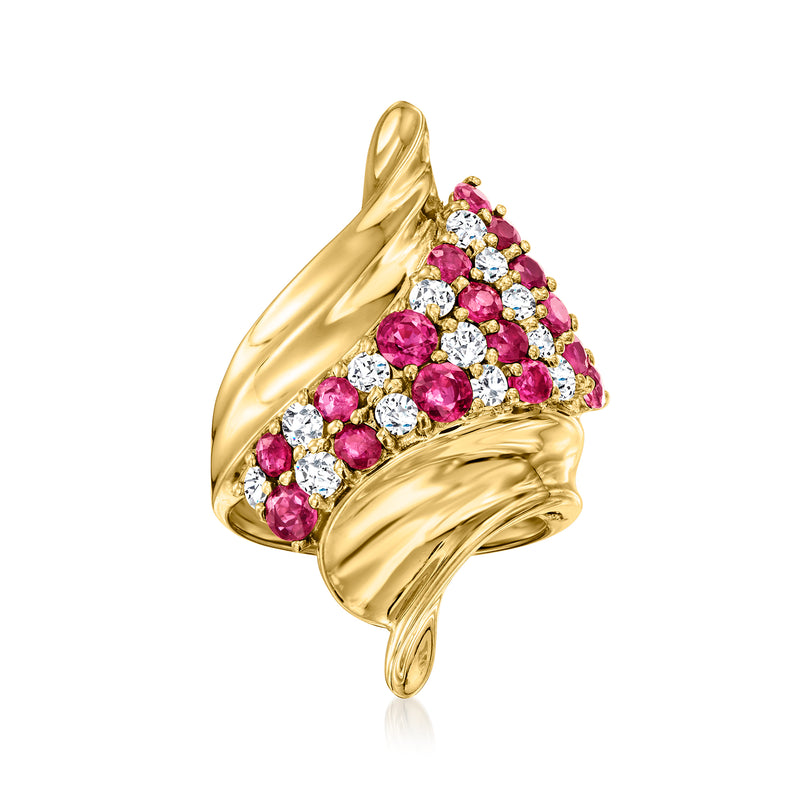 18kt yellow gold ring with ruby and diamond cluster, ornate scalloped setting