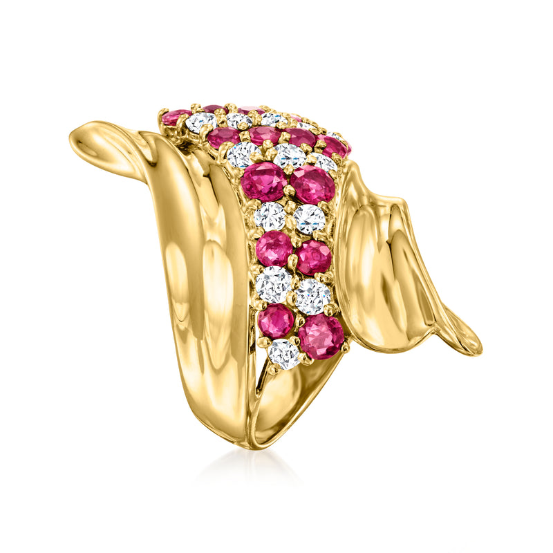 18kt yellow gold ring with ruby cluster and diamond accents, side view