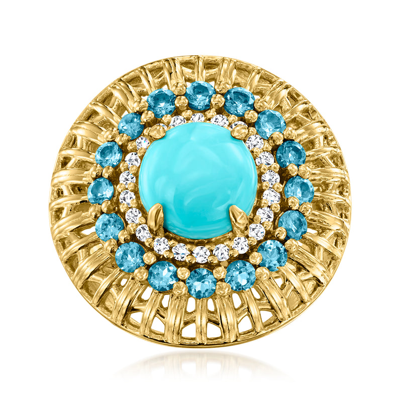 18kt gold over sterling ring with oval turquoise blue center, blue stone halo, diamonds