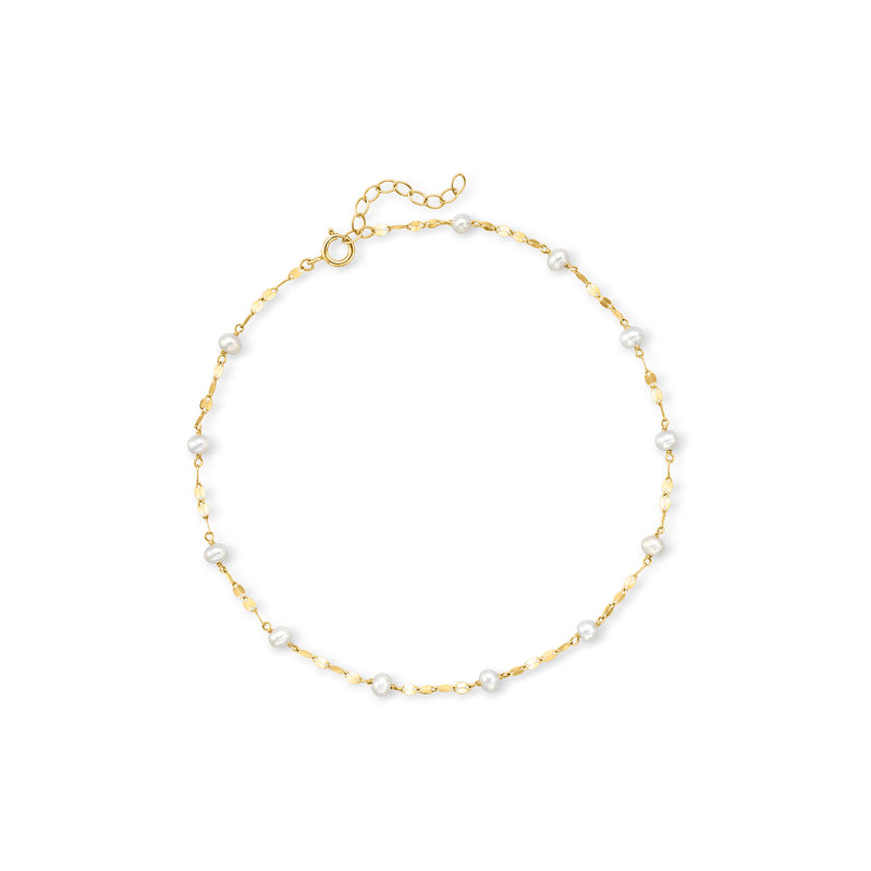 Gold anklet with small cultured pearl stations on a delicate 14kt yellow chain