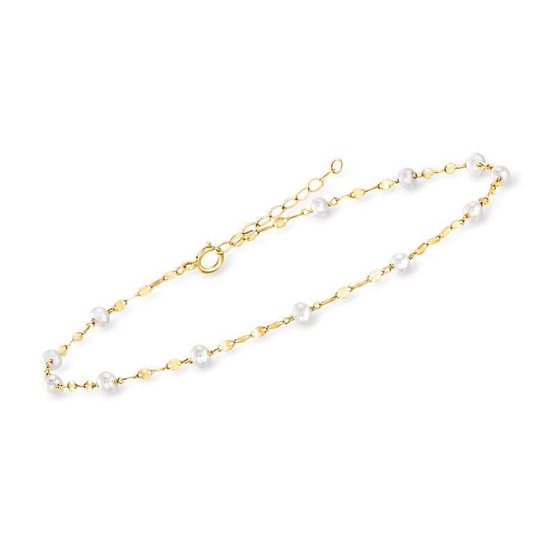 14kt yellow gold anklet with evenly spaced cultured pearls on a round link chain