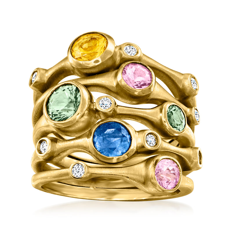 18k yellow gold multi-row ring with multicolored oval sapphires and diamond accents
