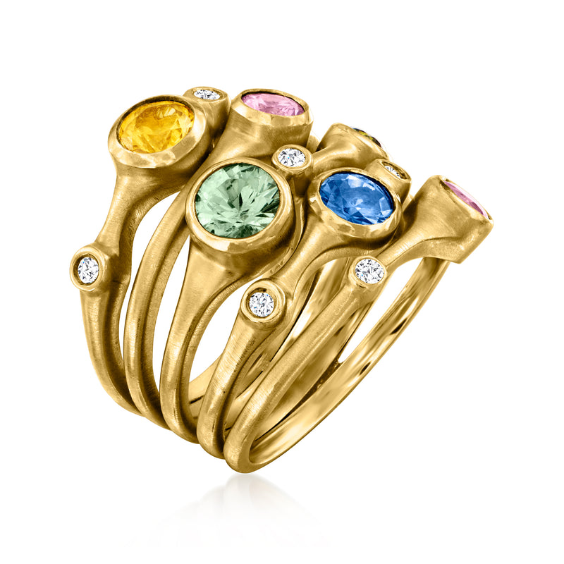 18k yellow gold stacked multi-row ring with oval multicolored sapphires and diamonds
