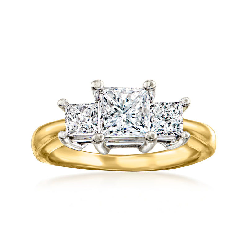 14kt yellow gold three-stone diamond ring with princess-cut center and side stones