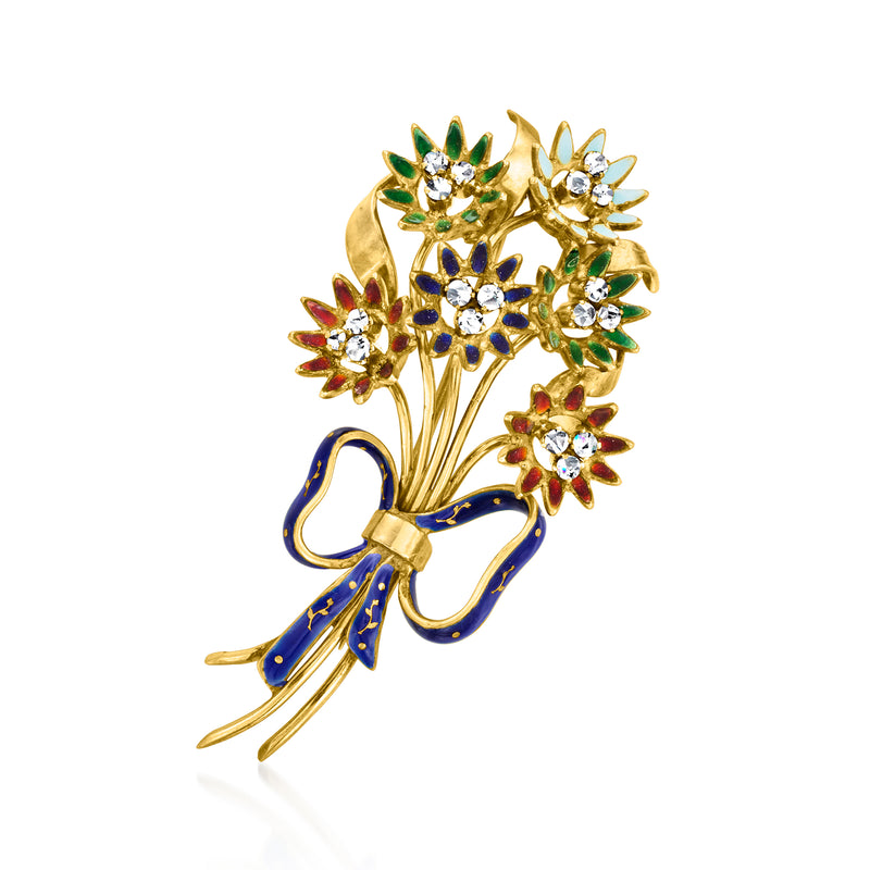 Vintage gold-tone flower bouquet pin with multicolored enamel and clear rhinestone centers