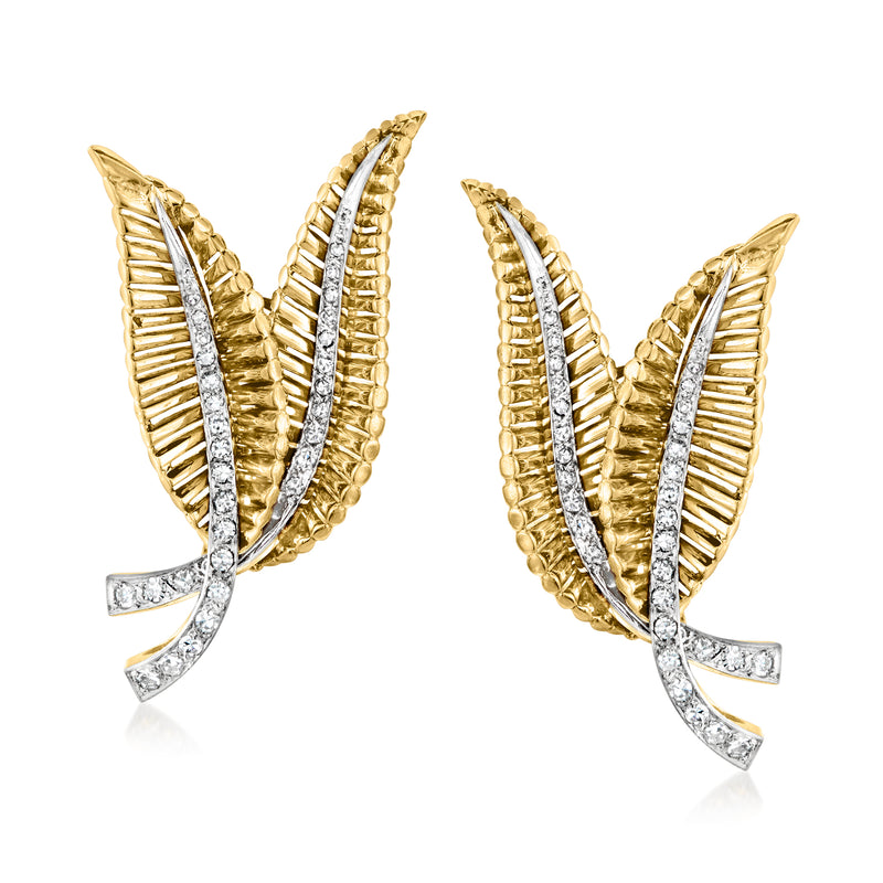 Vintage leaf clip-on earrings in 18k yellow gold with platinum-toned diamond accents