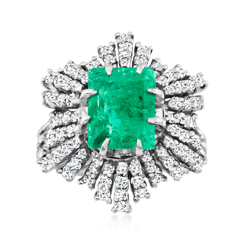Vintage emerald and diamond cluster ring with square emerald center and diamond halo, white gold