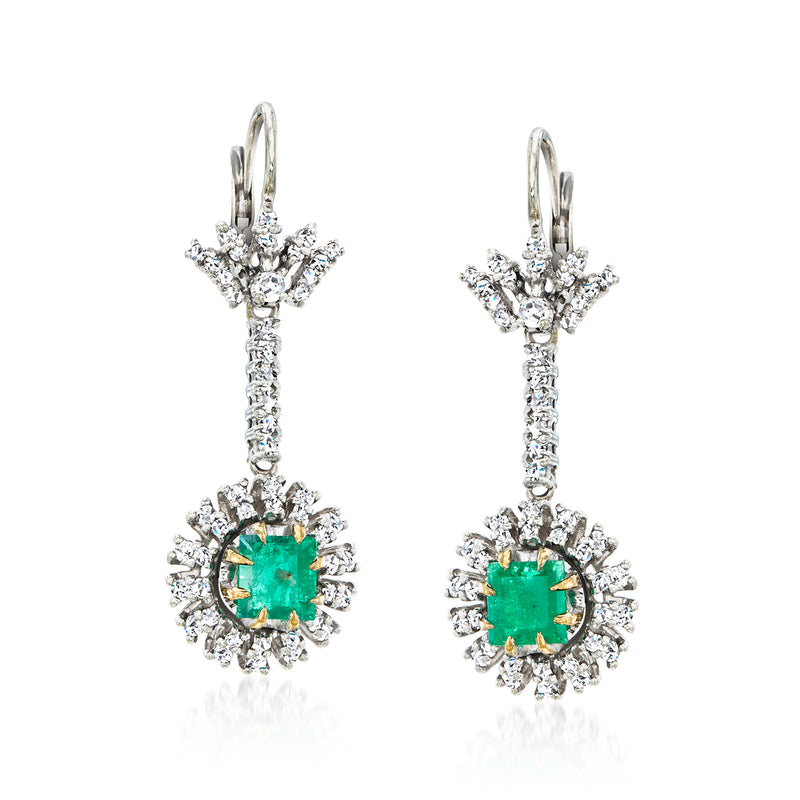 White gold diamond halo drop earrings with green emerald center and leverback clasps