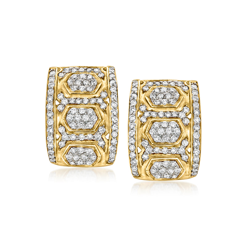 18kt yellow gold curved diamond hoop earrings with three octagon-cut stone clusters, clip/post style