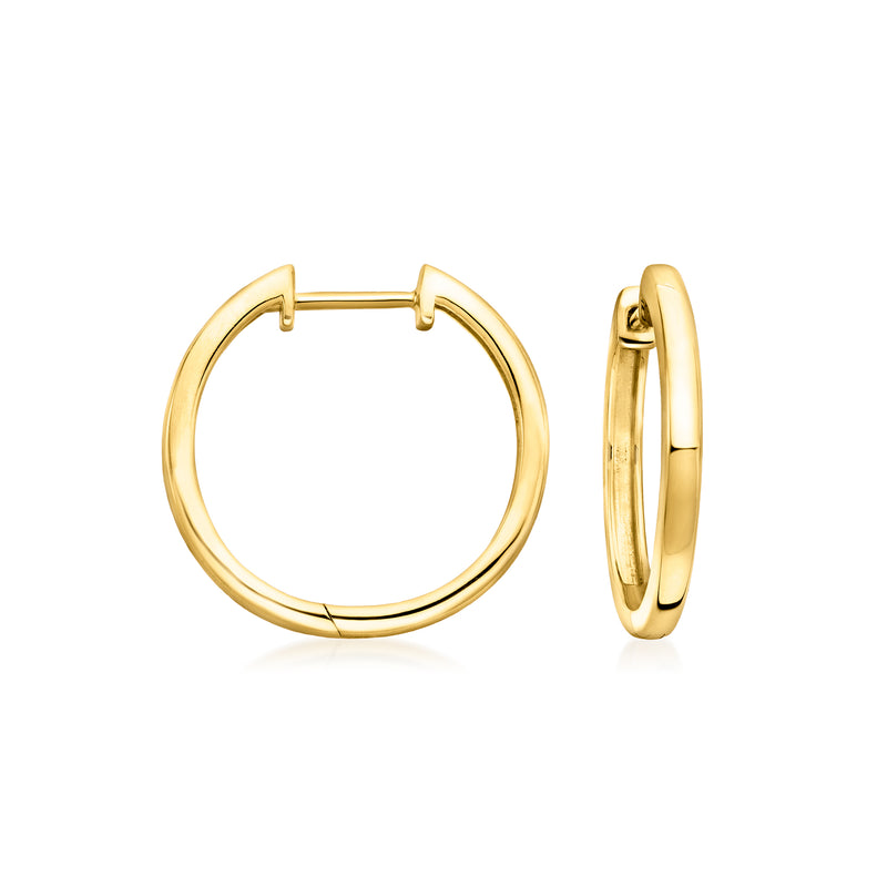 Large gold vermeil hoop earrings with hinged clasp, polished gold tone