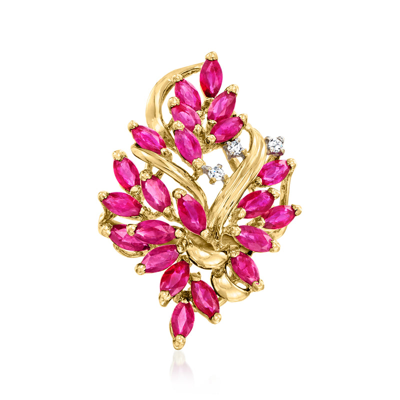 14kt yellow gold ruby cluster ring with round diamond side stones