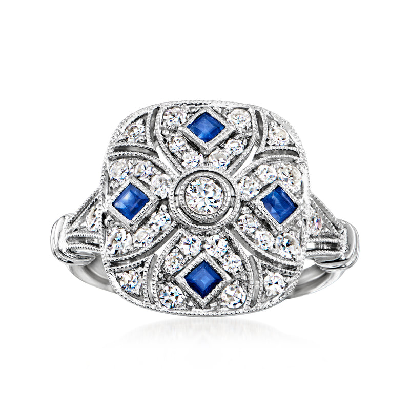 Platinum vintage diamond and sapphire ring with square blue stones and filigree details