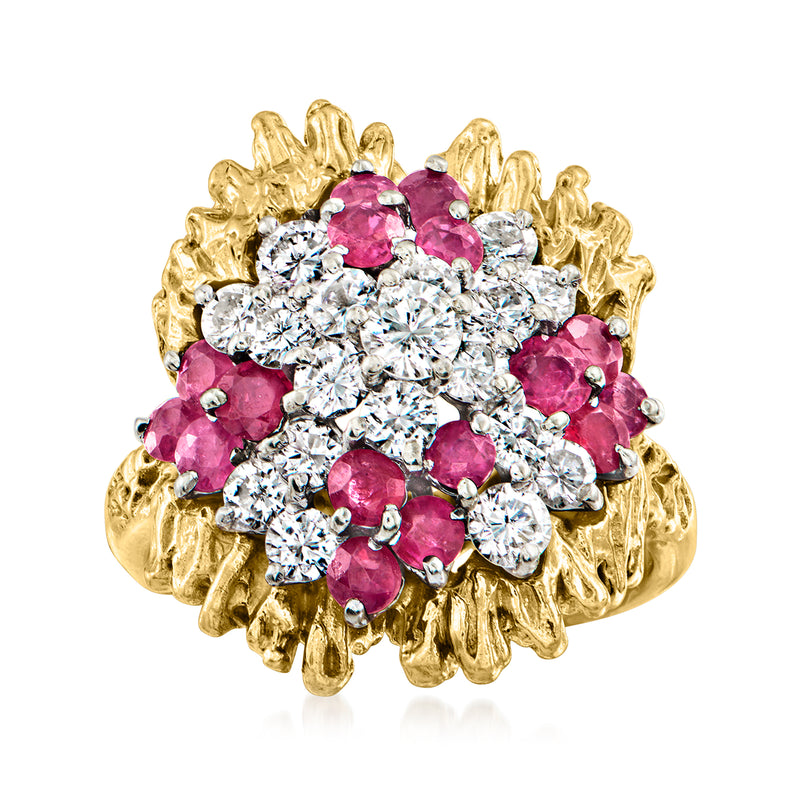14kt yellow gold ruby and diamond cluster ring with ornate prong setting