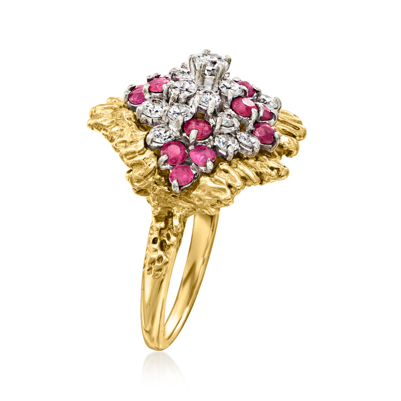 Yellow gold ruby and diamond cluster ring, side view with raised center stones