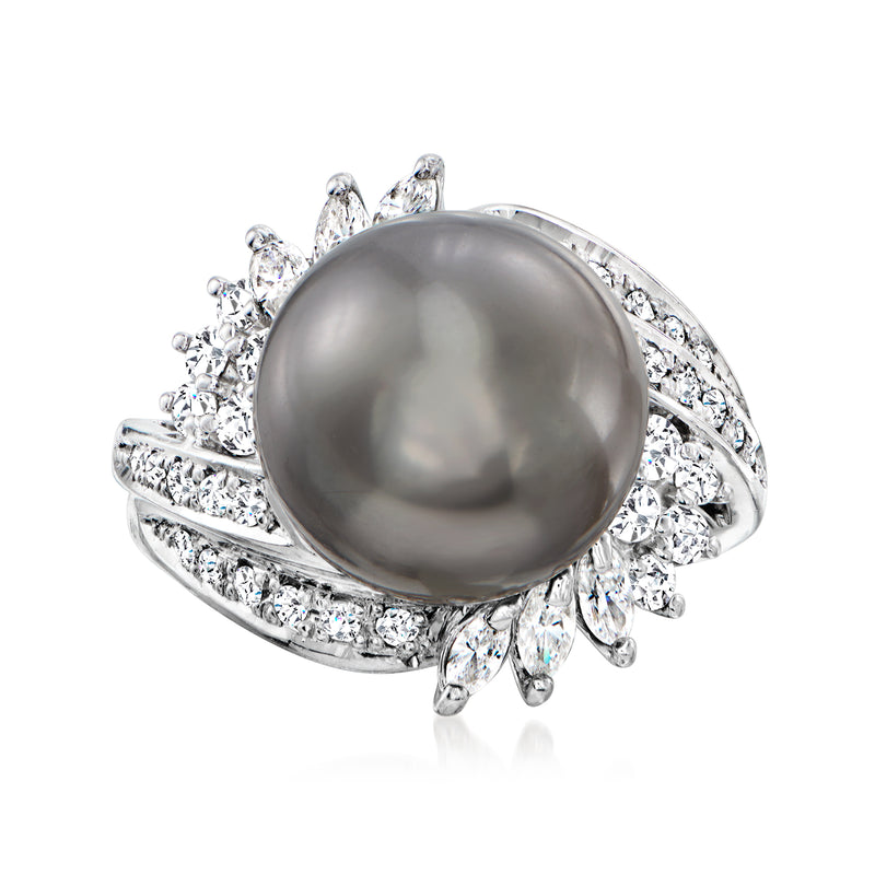 Platinum ring with dark cultured South Sea pearl and diamond halo, marquise accents