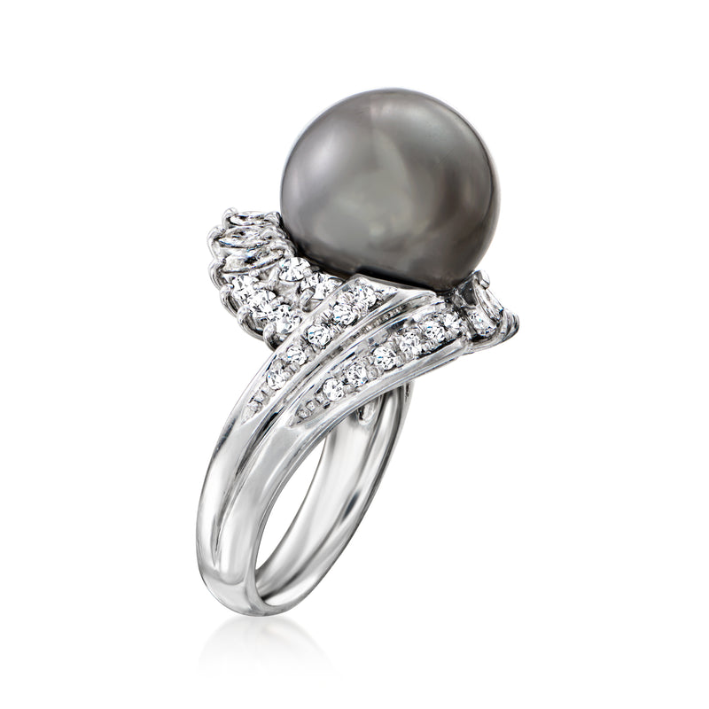 Platinum ring with dark cultured South Sea pearl, split shank of channel-set diamonds