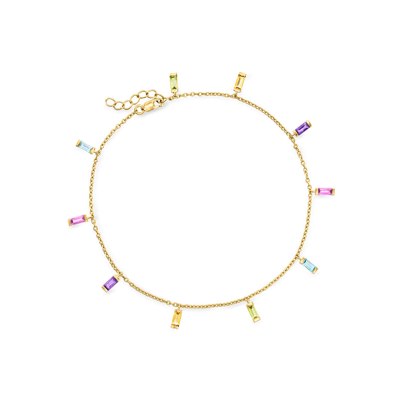 Gold-tone station anklet with multicolor baguette gems and clasp extension